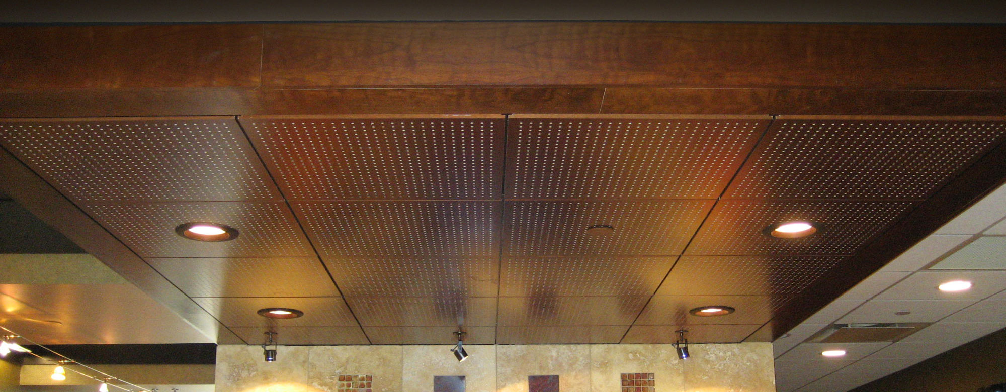 Wood style accoustical ceiling system in a bank