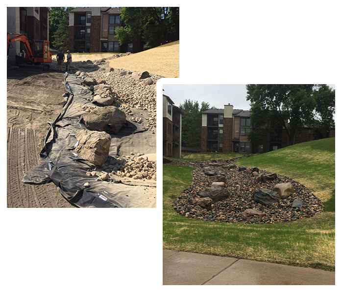 During landscaping and After landscaping photos of a rock drainage area between apartment complexes
